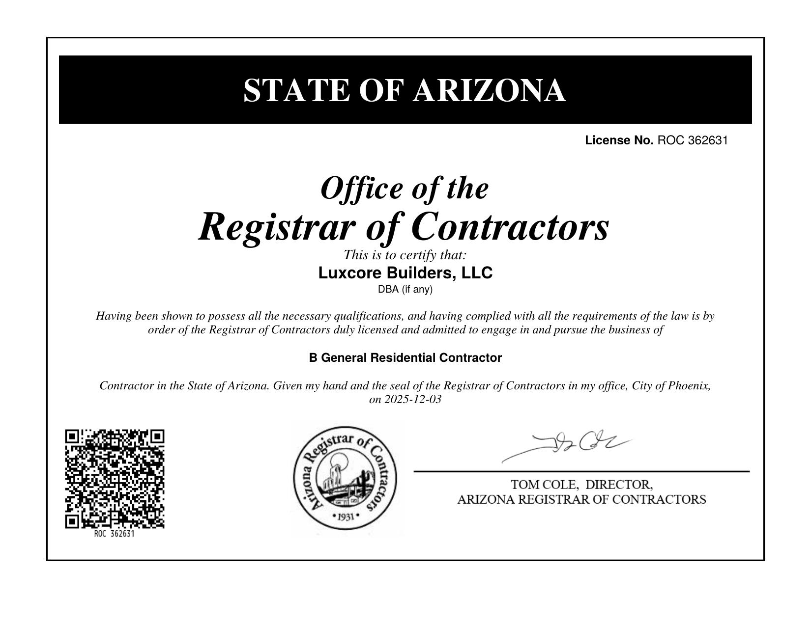 Arizona ROC License Certificate ROC 362631